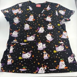 Ava Therese Women’s festive Halloween Scrub Top Ghosts Medium